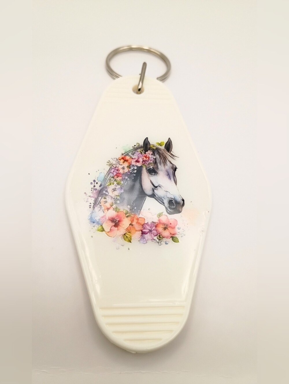 Watercolor Floral Horse Motel Keychain White Fob